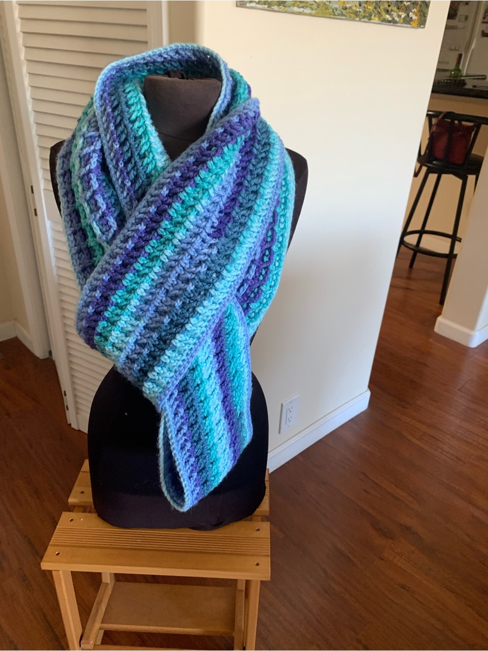 Handmade Blue & Teal Striped Crochet circle  Scarf